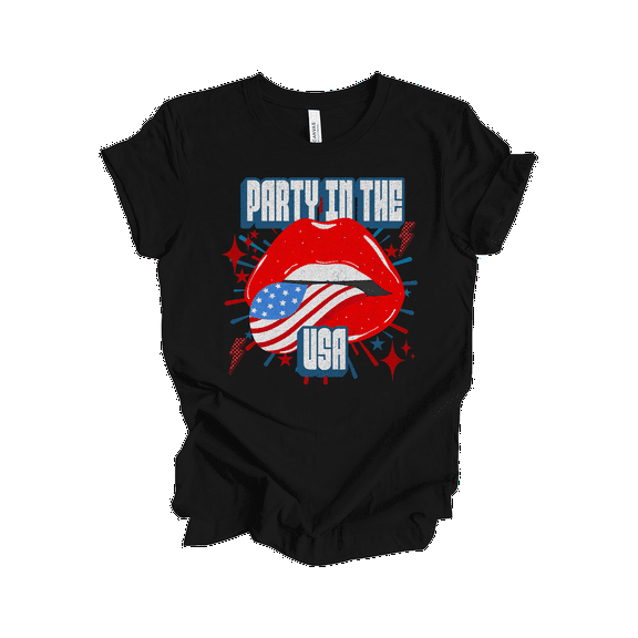 Patriot Pride Reckless Patriot Women's 4th of July Graphic T-Shirt - Party In The USA, Tongue Sticking Out Design-Black-medium