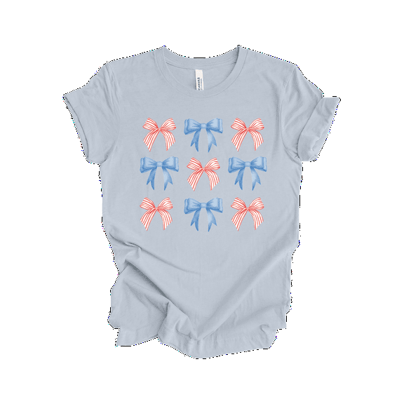 Patriot Pride Reckless Patriot Women's 4th of July Graphic T-Shirt - Red, White, And Blue Coquette Bows Design-Light Blue-medium
