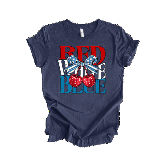 Patriot Pride Reckless Patriot Women's 4th of July Graphic T-Shirt - Red, White, Blue, Bowed Cherries Design-Heather Navy-medium