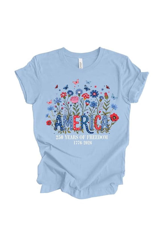 Patriot Pride Reckless Patriot Women’s Graphic T-Shirt – America's 250 Years of Freedom 1776-2026 Floral Butterfly Design, Baby Blue, 2XL