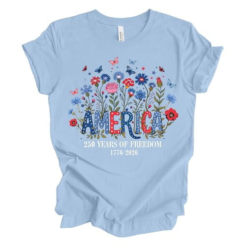 Patriot Pride Reckless Patriot Women’s Graphic T-Shirt – America's 250 Years of Freedom 1776-2026 Floral Butterfly Design, Baby Blue, 4XL
