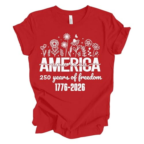 Patriot Pride Reckless Patriot Women’s Graphic T-Shirt – America's 250 Years of Freedom 1776-2026 Floral Design, Red, Large