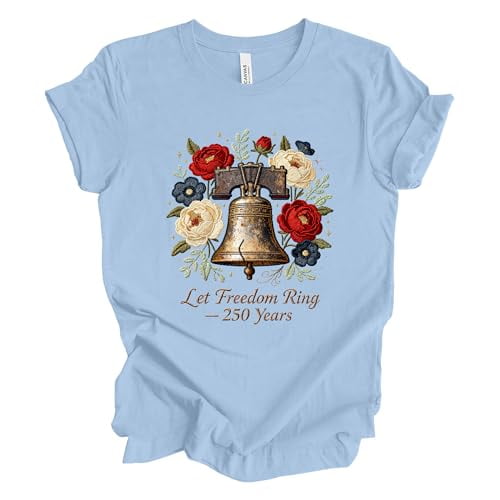 Patriot Pride Reckless Patriot Women’s Graphic T-Shirt - Let Freedom Ring — 250th Anniversary Floral Liberty Bell Print, Baby Blue, X-Large