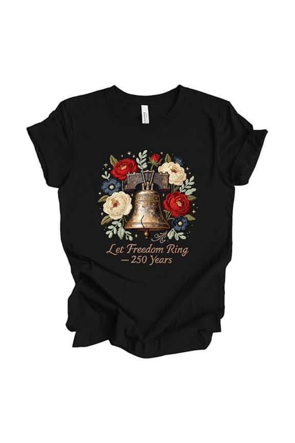 Patriot Pride Reckless Patriot Women’s Graphic T-Shirt - Let Freedom Ring — 250th Anniversary Floral Liberty Bell Print, Black, 5X-Large