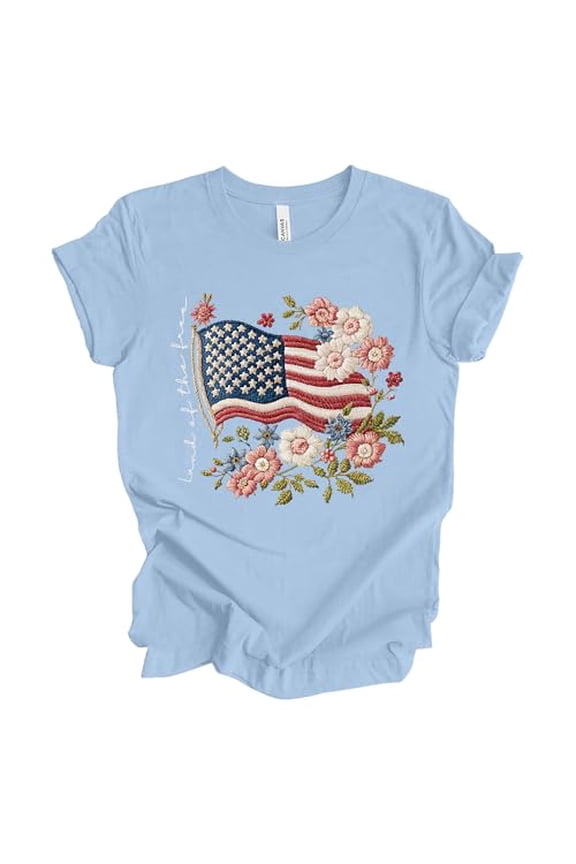 Patriot Pride Reckless Patriot Womens Graphic T-Shirt – 250th Anniversary Floral USA Land of The Free Flag Design, Baby Blue, Medium