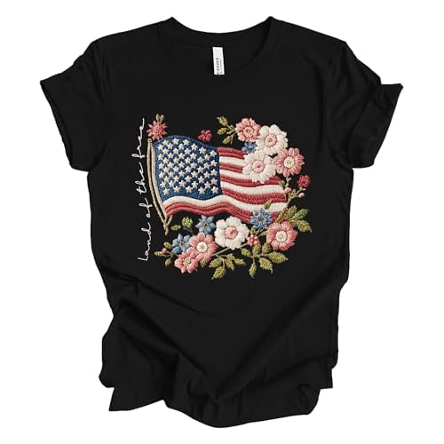 Patriot Pride Reckless Patriot Womens Graphic T-Shirt – 250th Anniversary Floral USA Land of The Free Flag Design, Black, Small