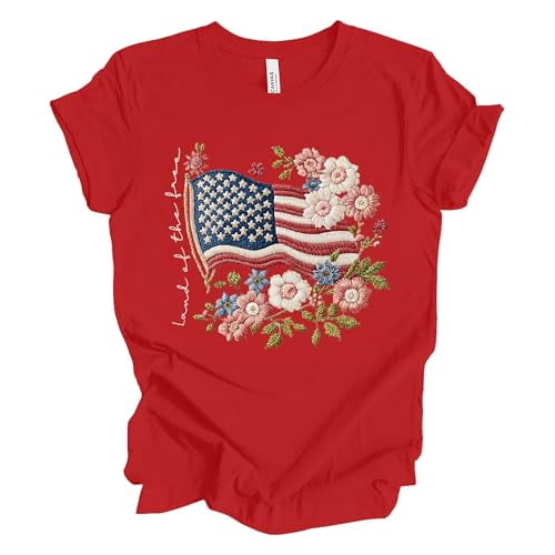 Patriot Pride Reckless Patriot Womens Graphic T-Shirt – 250th Anniversary Floral USA Land of The Free Flag Design, Red, X-Large
