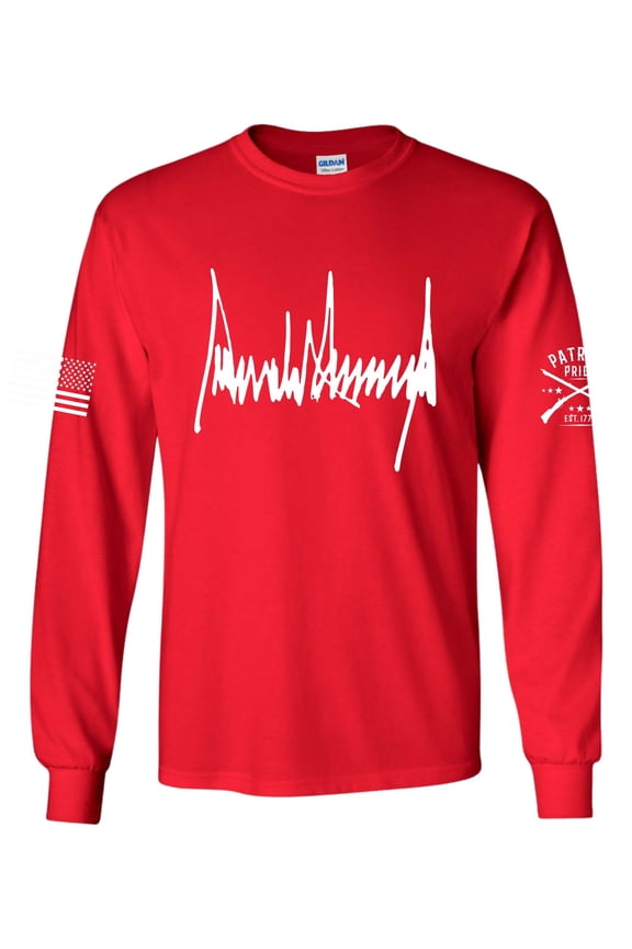 Patriot Pride Trump T-shirt Donald Trump Signature American Flag Long Sleeve T-shirt-Red-xxl