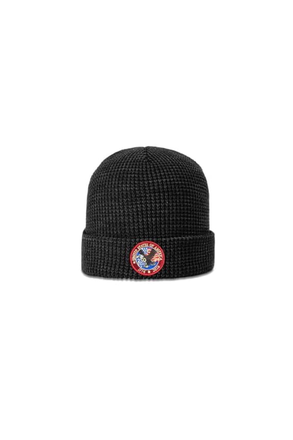 Patriot Pride Waffle Knit Beanie Hat - Vintage Eagle 'Merica Since 1776 250th Anniversary Patch, Black
