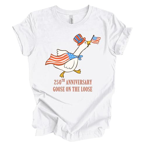 Patriot Pride Women’s Bella Canvas Graphic T-Shirt – 250th Anniversary Goose on The Loose Patriotic Design, White, 2XL