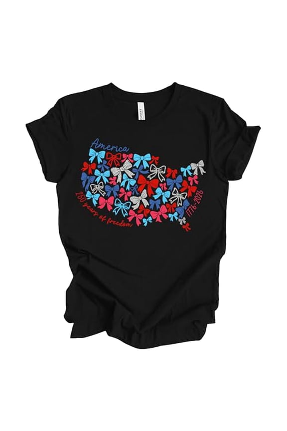Patriot Pride Women’s Bella Canvas Graphic T-Shirt – America 250 Years of Freedom Bow Flag Design, Black, Small