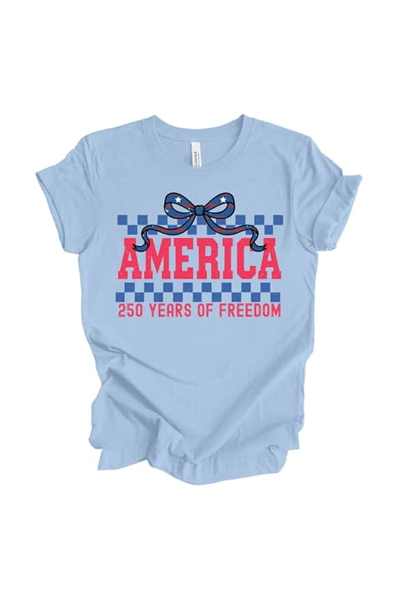 Patriot Pride Women’s Bella Canvas Graphic T-Shirt – America 250 Years of Freedom Patriotic Bow Design, Baby Blue, 3XL