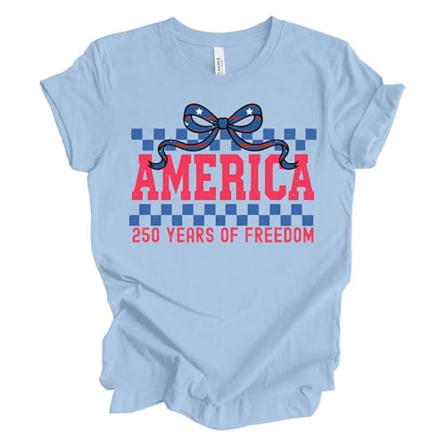 Patriot Pride Women’s Bella Canvas Graphic T-Shirt – America 250 Years of Freedom Patriotic Bow Design, Baby Blue, Medium