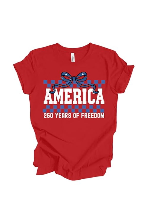 Patriot Pride Women’s Bella Canvas Graphic T-Shirt – America 250 Years of Freedom Patriotic Bow Design, Red, Large