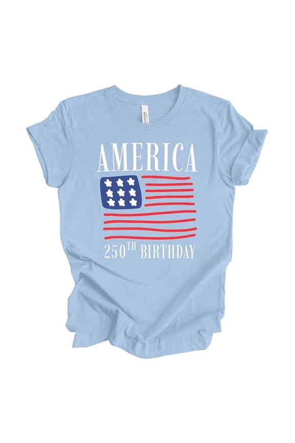Patriot Pride Women’s Bella Canvas Graphic T-Shirt – America 250th Birthday American Flag Design, Baby Blue, 2XL