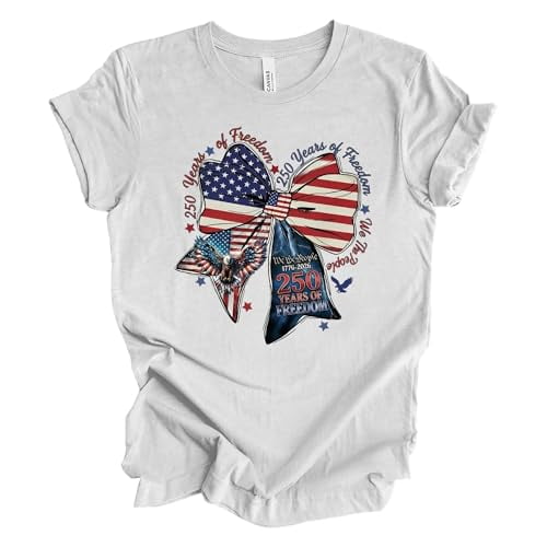Patriot Pride Women’s Bella Canvas Graphic T-Shirt – We The People 250 Years of Freedom Patriotic Bow Design, Ash, Small