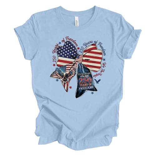 Patriot Pride Women’s Bella Canvas Graphic T-Shirt – We The People 250 Years of Freedom Patriotic Bow Design, Baby Blue, 4XL