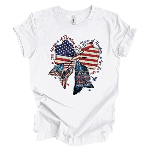 Patriot Pride Women’s Bella Canvas Graphic T-Shirt – We The People 250 Years of Freedom Patriotic Bow Design, White, Medium