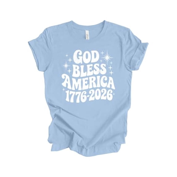 Patriot Pride Women's Short Sleeve Distressed Graphic T-Shirt - Retro Wavy God Bless America 1776-2026 250 Years-Baby Blue-Large