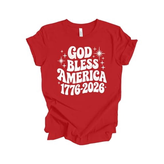 Patriot Pride Women's Short Sleeve Distressed Graphic T-Shirt - Retro Wavy God Bless America 1776-2026 250 Years-Red-Large