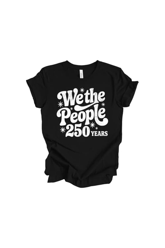 Patriot Pride Women's Short Sleeve Distressed Graphic T-Shirt - Retro Wavy We The People 250 Years Design-Black-Large