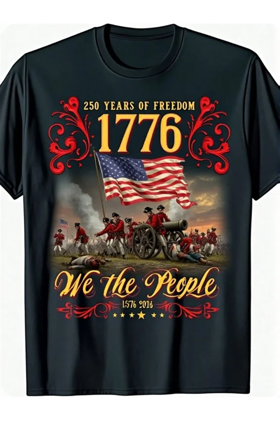 Patriotic 1776 We The People American Flag Revolutionary War Graphic T-Shirt Vintage Style Independence Day Men Unisex Cotton Tee 250 Years of Freedom Historical Design Top