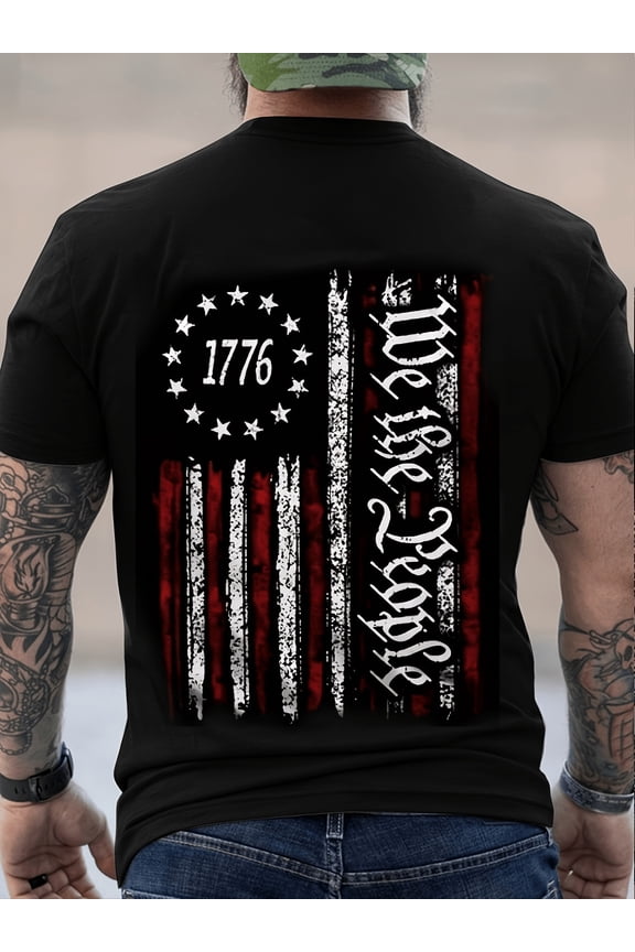 Patriotic 1776 We the People American Flag Distressed Men's T-Shirt Retro Vintage Constitution Graphic Tee