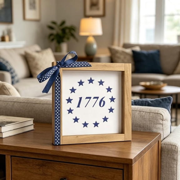 Patriotic "1776" Wooden Shadow Box Sign with Navy Polka Dot Ribbon 4th of July & Independence Day Farmhouse Decor (6"x6")