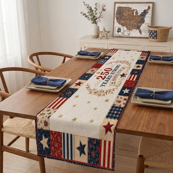 Patriotic 250 Years Strong Table Runner, Americana Patchwork Farmhouse Decor