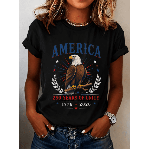 Patriotic 250 Years T-Shirt for Women, Vintage Eagle Graphic Tee, 1776-2026 USA Independence Day Shirt, 250 Years of Unity, Fourth of July Red White Blue Patriotic Top