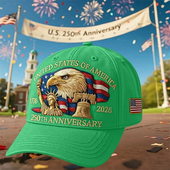 Patriotic 250th Anniversary Hat, U.S. Bald Eagle Printed Baseball Cap, Adjustable Retro Tribute Cap for Men Women, Celebrate Americas 250 Years of Liberty and Pride, Emerald Green