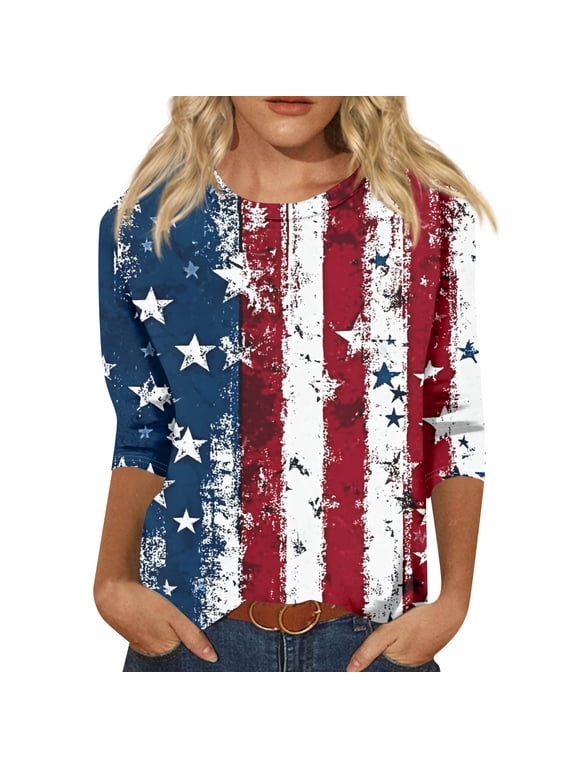 Patriotic 250th Anniversary USA Shirt Women 3/4 Sleeve V Neck American Flag 250 Years Patriotic Tee