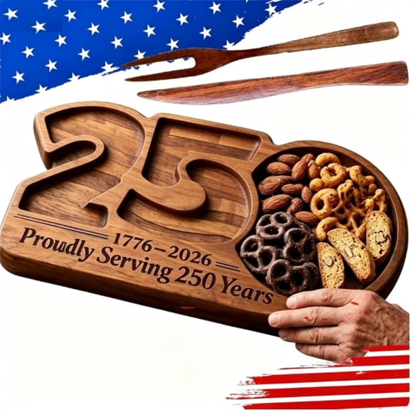 Patriotic 250th Anniversary Walnut Serving Tray, Multi-Grid Engraved Snack Platter, American 250 Themed Serving Tray for Independence Day Parties & Family Gatherings (1 Set)