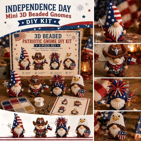 Patriotic 3D Beaded Gnome Craft Kit, DIY 4th of July Beading Set with Pre-Sorted Beads, Tools & Instructions, Handmade Gnomes for Holiday Home Decor (E)