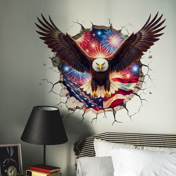 Patriotic 3D Cracked Wall Decal 15.7x11.8 Inch Bald Eagle Flag Sticker Garage Man Cave Decoration