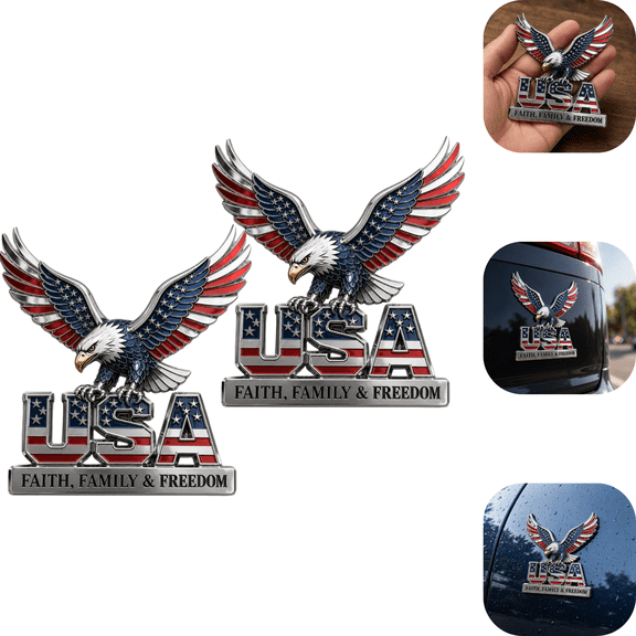 Patriotic 3D Metal Car Emblem, USA Faith Family & Freedom Eagle Badge, 1776-2026 250th Anniversary American Flag Auto Decal, Waterproof Decor for Truck SUV Motorcycle, Father's Day Gift 2PCS