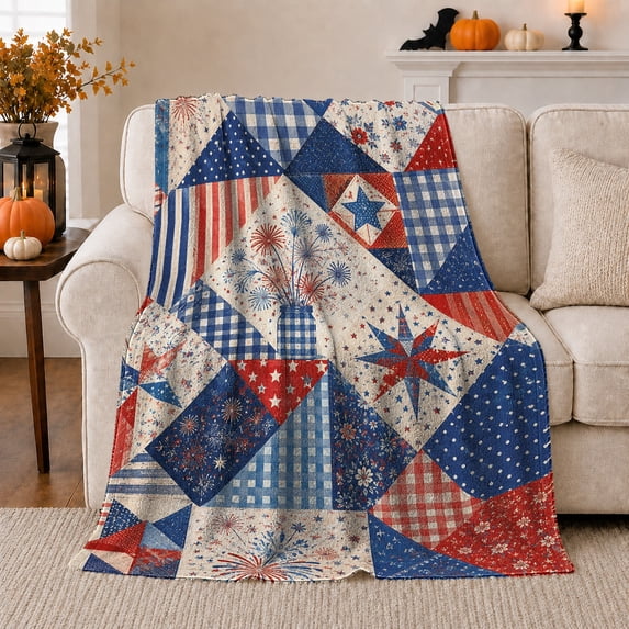 Patriotic 4Th Of July Patchwork Stars Stripes, Cozy Friendship Quote Scene, Warm Flannel Blanket for Living Room and Reading Nook, Art Lovers Friendship Gift, Artistic Home Decor