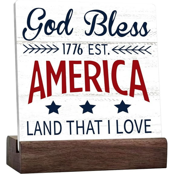 Patriotic 4Th Of July Ceramic Table Sign Desk Decor, God Bless America Land That I Love Sign For Home Shelf Tabletop Decoration, Farmhouse Rustic Ind