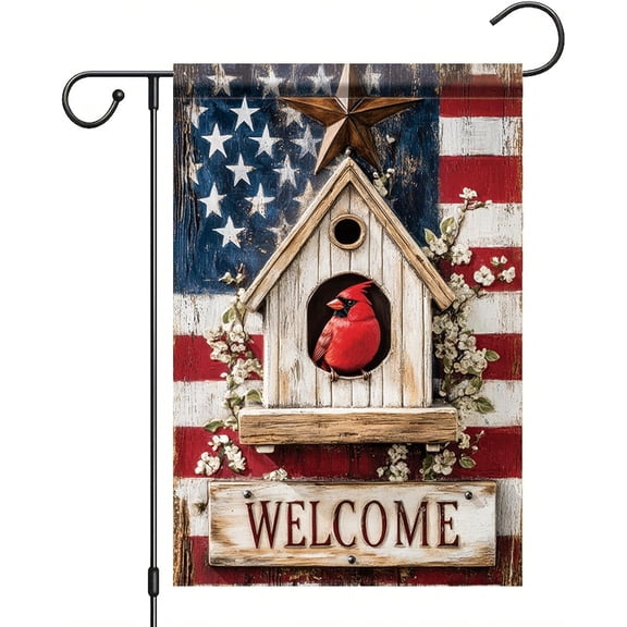 Patriotic 4th of July Birdhouse Garden Flag 12x18 Double Sided Small Patriotic Red Bird Dogwood Cardinal Bird Flag for Memorial Independence Day Outdoor Decor Yard Flag