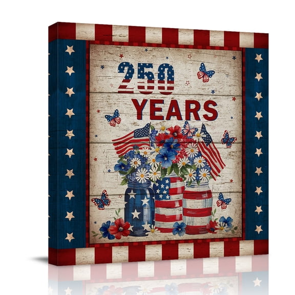 Patriotic 4th of July Canvas Wall Art for Living Room, 250 Years Stars Stripe Flag Floral Wooden Poster Print Painting for Bedroom Office Home Decoration Wall Pictures Prepare To Hang 8"x8"