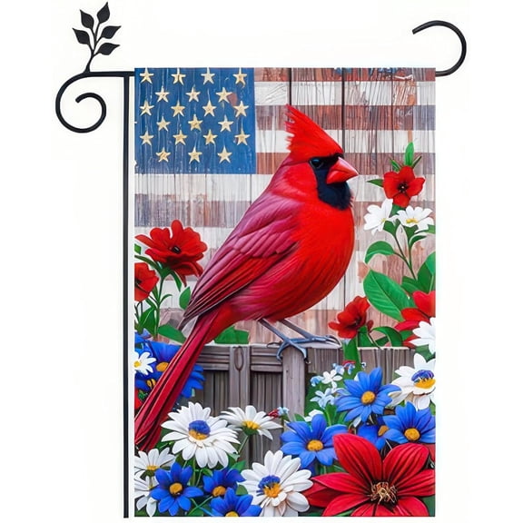 Patriotic 4th of July Cardinal Bird Garden Flag American Memorial Day Yard Red Bird Dogwood Flower USA America Outside Decoration Summer Outdoor Small Decor Double Sided 12x18