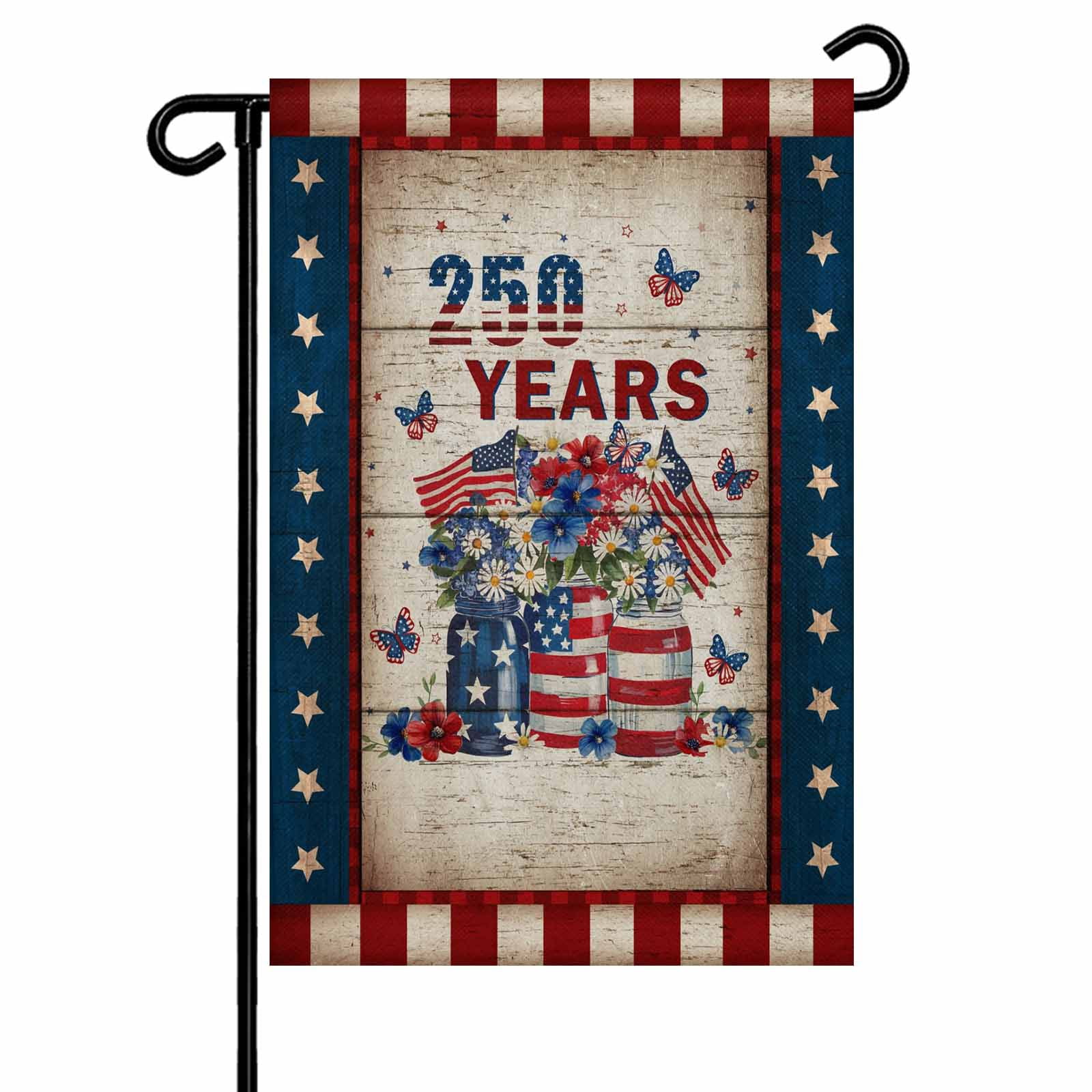 Patriotic 4th of July Garden Flag 28x40 Inch 250 Years Stars Stripe Flag Floral Wooden Double Sided Small Decorative Garden Flags for Outside, Outdoor Yard Porch Lawn Decoration