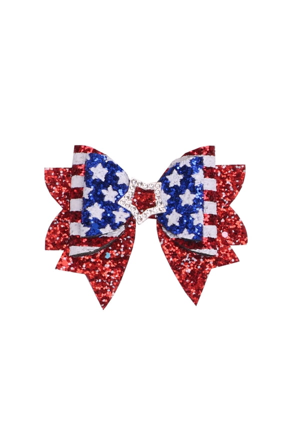 Patriotic 4th of July Hair Bows, Glitter Ribbon Bow USA Flag Design Non-Slip Hair Clips Red White Blue Independence Day Hair Accessories for Women & Girls