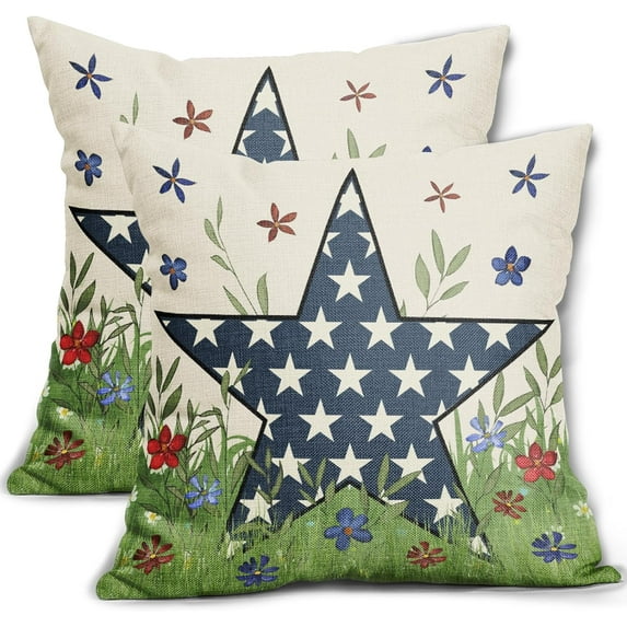 Patriotic 4th of July Pillow Covers 18x18 Set of 2 Navy Blue Red Green Floral Star Print USA Independence Day Outdoor Farmhouse Decorative Throw Pillow Cases Holiday Decor for Sofa Couch Bed