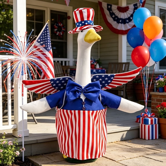 Patriotic 4th of July Porch Goose Outfits, Red Blue American Flag Lawn Goose Clothes Fits 23 Inch Cement Plastic Statue for 250th Anniversary Independence Day Outdoor Garden Yard Patio Decor