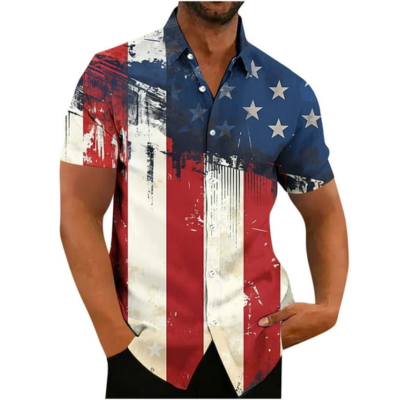 Patriotic 4th of July Shirts for Men – Vintage American Flag Print Short Sleeve Button Down, Hawaiian Bowling Retro Casual Shirt (S-5XL, Red White Blue)