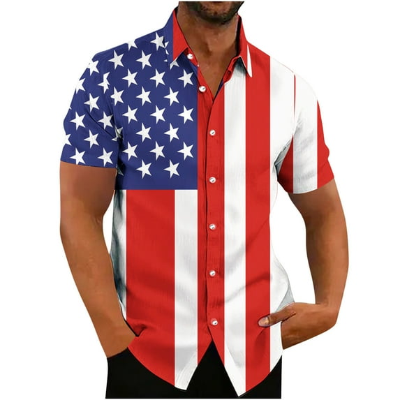 Patriotic 4th of July Shirts for Men – Vintage American Flag Print Short Sleeve Button Down, Hawaiian Bowling Retro Casual Shirt (S-5XL, Red White Blue)