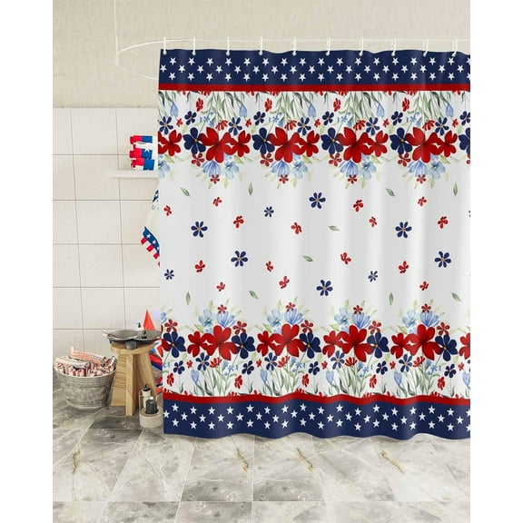 Patriotic 4th of July Shower Curtain, Poppy Flower Floral Shower Curtain Set with Hooks, Spring Summer Waterproof Fabric Shower Curtains for Bathroom Decor, 72x72 Inch Bath Curtain