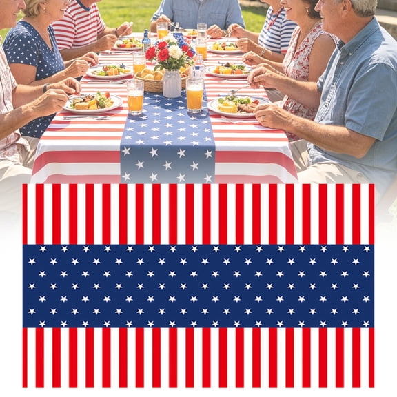 Patriotic 4th of July Tablecloth, Horizontal American Flag Print Table Cover, Red White Blue Tablecloth for independence Day Party Decorations, Memorial Day