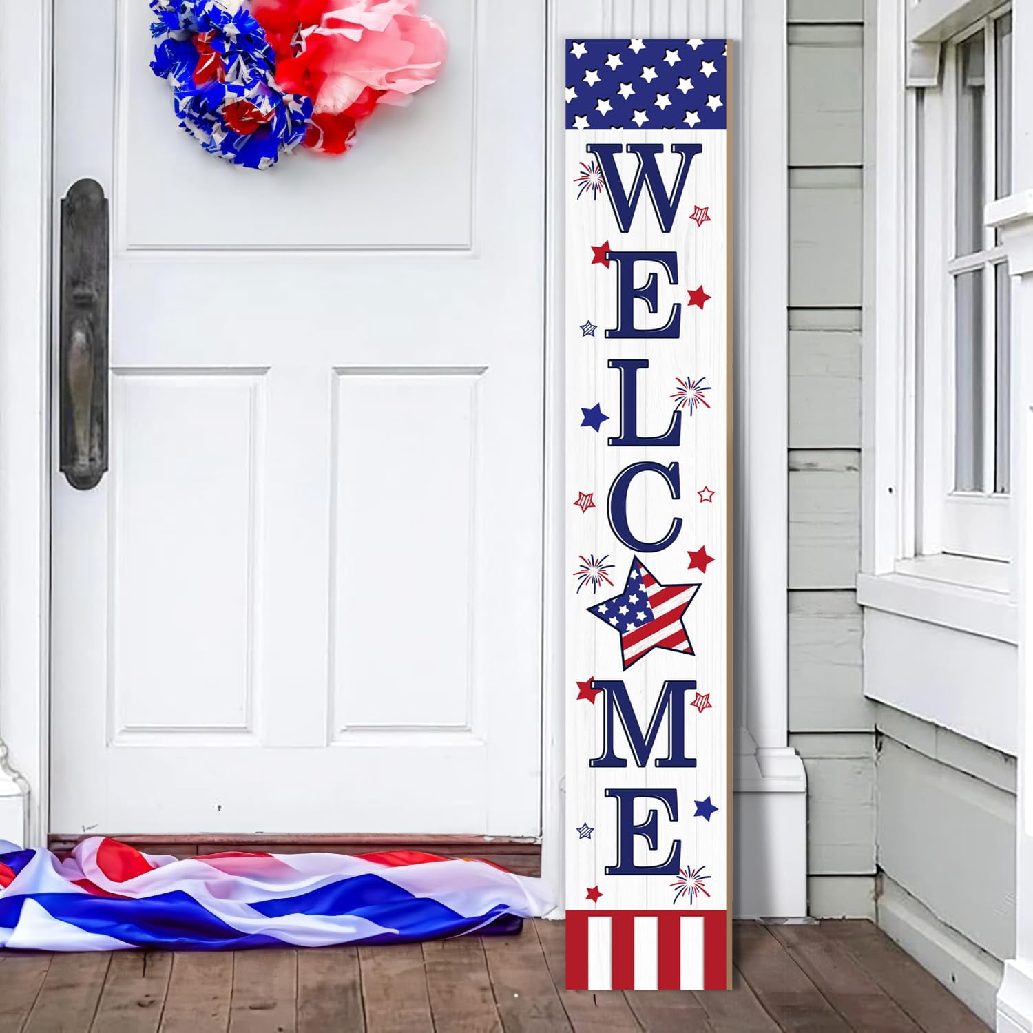Patriotic 4th Of July Welcome Sign For Front Porch  250th Anniversary Memorial Day Wooden Outdoor Patio Flag Standing Yard Summer Door Signs Garden Wall
